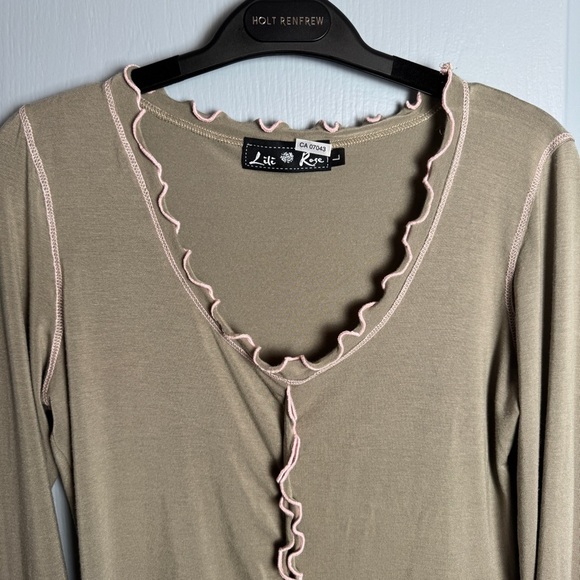 VTG Coquette Top Sz L Demure Romantic Fairy Lettuce Hem Y2K Sage Green Baby Pink - Picture 3 of 13